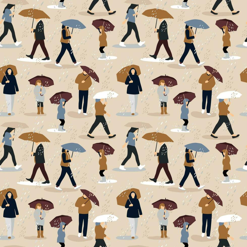 vector ilustración de personas en el lluvia. otoño humor. de moda retro estilo en beige. sin costura otoño modelo.