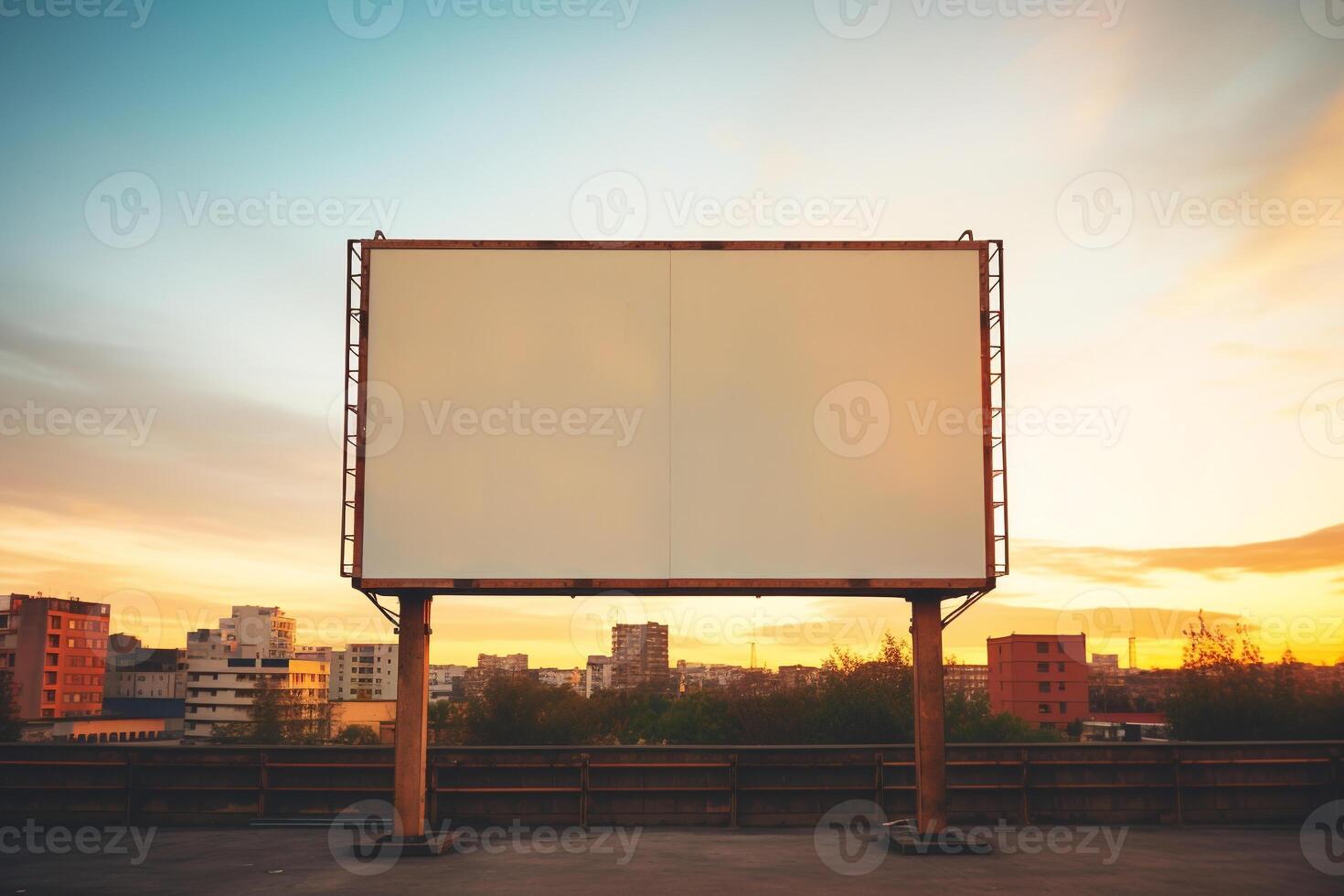 Vibrant sunset forming a fiery backdrop for a blank billboard frame, perfect for bold advertising photo