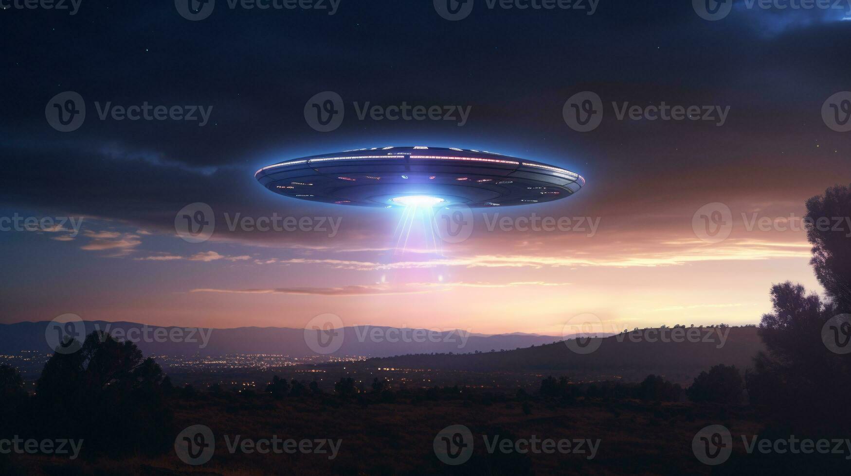Mysterious UFO sighting in the twilight sky emitting an iridescent glow and mesmerizing light patterns AI Generative photo