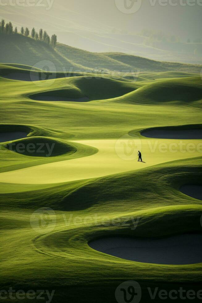 Experience of Golf Amidst the Vast Expanse of Nature and Beautifully Lit Landscape AI Generative photo