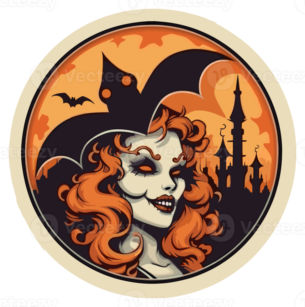 Retro Halloween Sticker, Round Horror Illustration for Halloween, Created With Generative AI Technology png