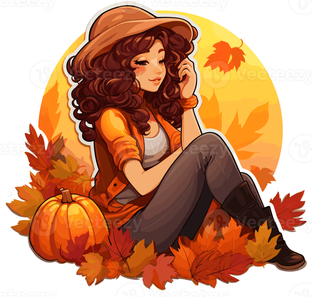 Fall Autumn Sticker with Cute Girl cartoon Illustration, Created With Generative AI Technology png