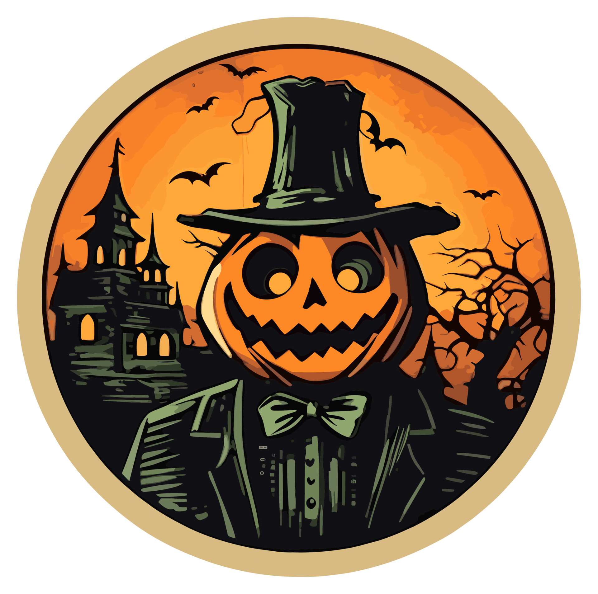 Retro Halloween Sticker, Round Horror Illustration for Halloween