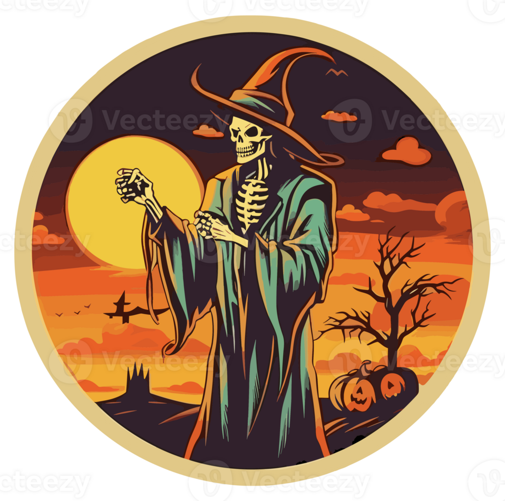 Retro Halloween Sticker, Round Horror Illustration for Halloween, Created With Generative AI Technology png