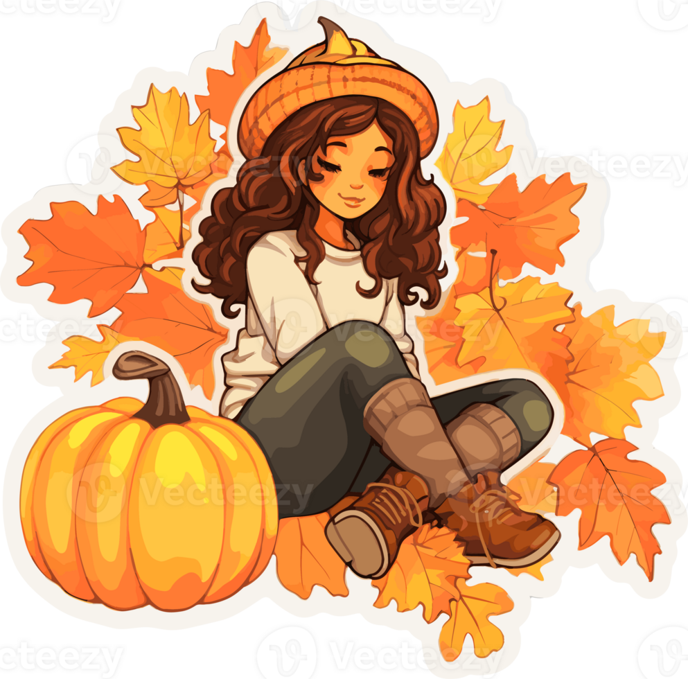 Fall Autumn Sticker with Cute Girl cartoon Illustration, Created With Generative AI Technology png