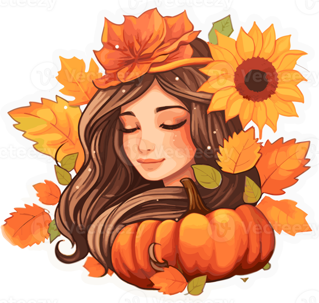 Fall Autumn Sticker with Cute Girl cartoon Illustration, Created With Generative AI Technology png