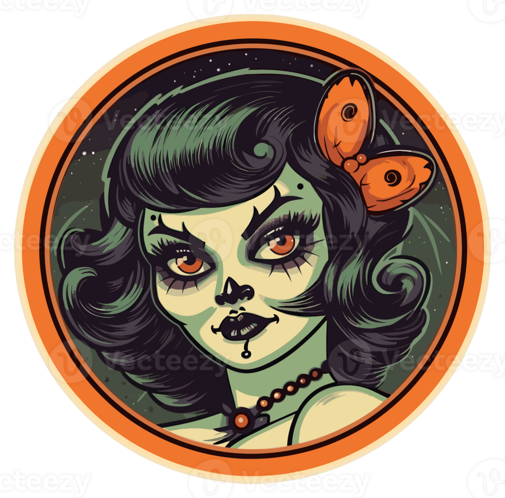 Retro Halloween Sticker, Round Horror Illustration for Halloween, Created With Generative AI Technology png