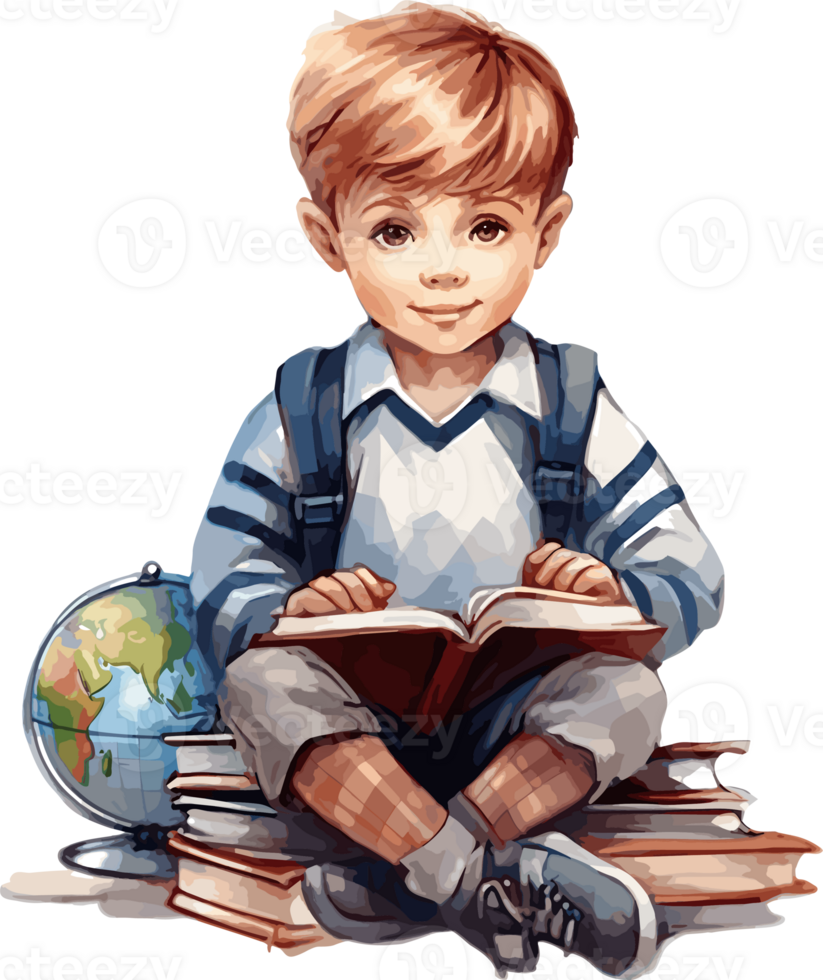 Watercolor Boy Reading, Back To School Clipart Illustration, Created With Generative AI Technology png