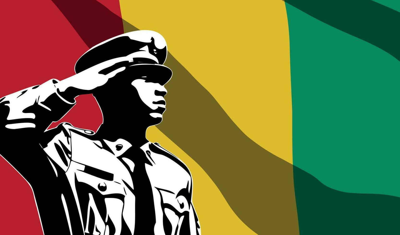 Silhouette of soldier with Guinea flag on background. vector