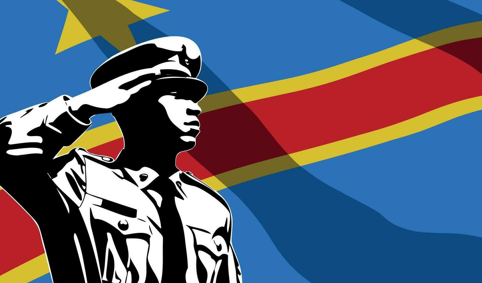 Silhouette of soldier with DR Congo flag on background. vector
