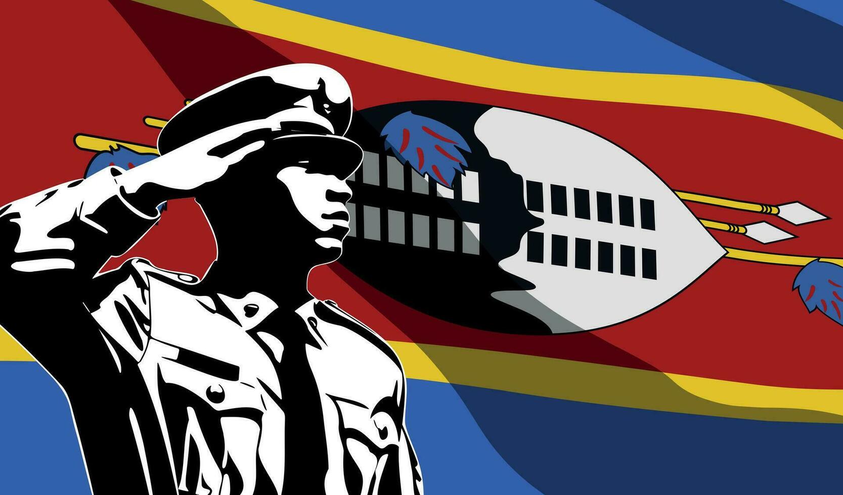 Silhouette of soldier with Eswatini flag on background. vector