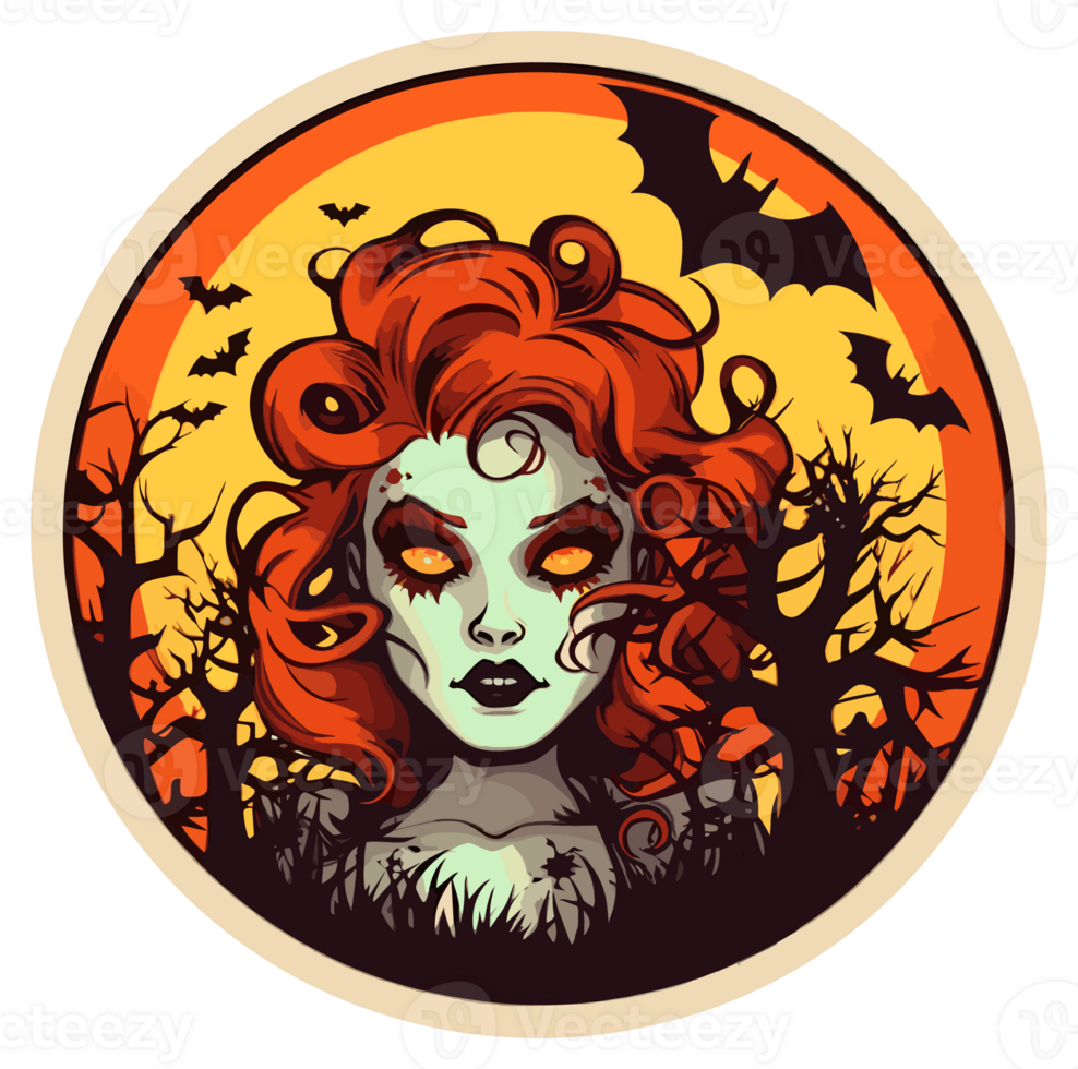 Retro Halloween Sticker, Round Horror Illustration for Halloween, Created With Generative AI Technology png