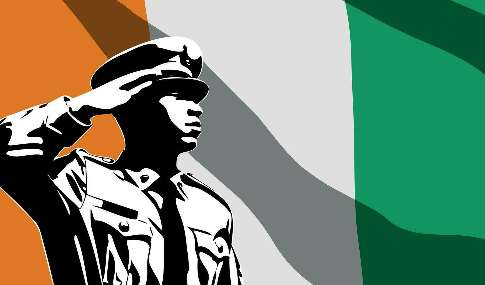 Silhouette of soldier with Ivory Coast flag on background. vector