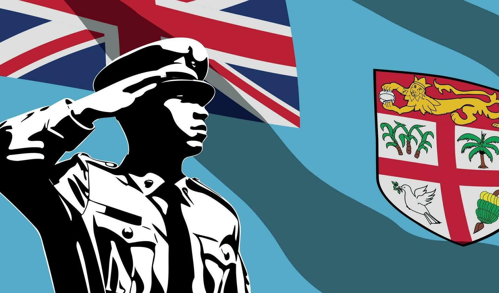 Silhouette of soldier with Fiji flag on background. vector
