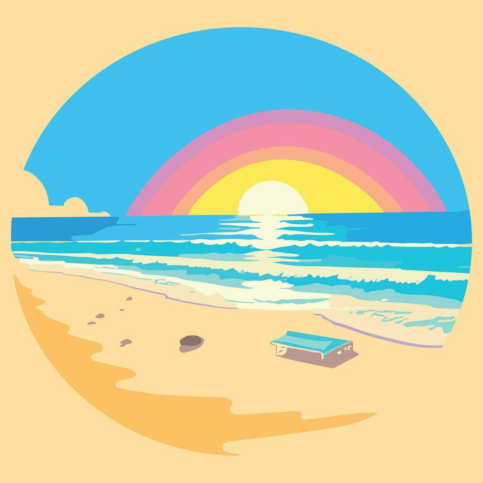 Retro sunset logo above the ocean with sun and water silhouette. vector