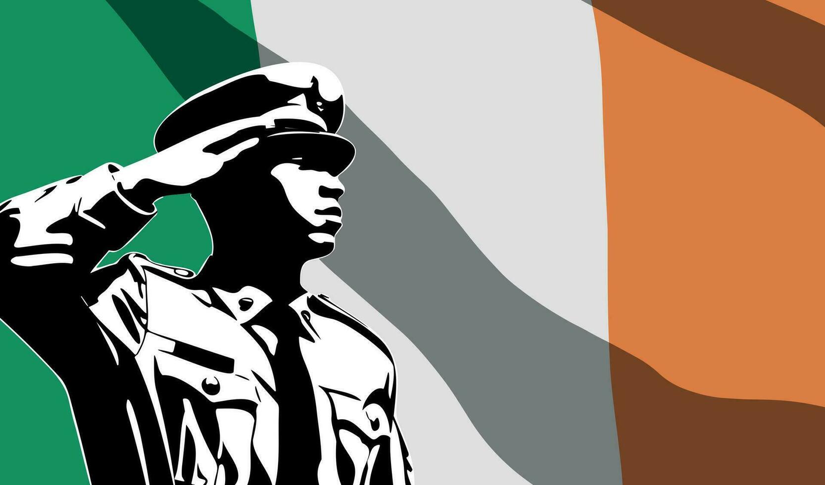 Silhouette of soldier with Ireland flag on background. vector