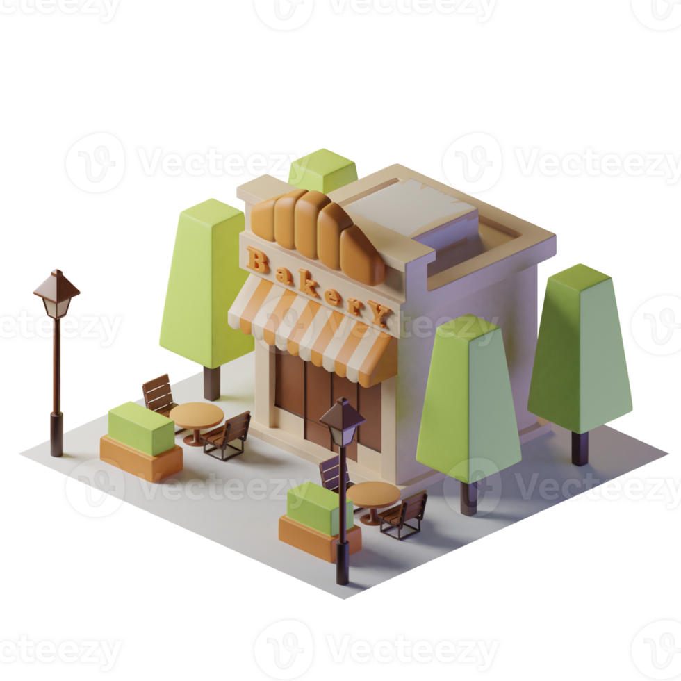 Bakery isometric building with two tables in front and trees and street lights png