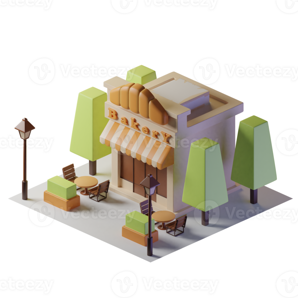 boulangerie isométrique bâtiment avec deux les tables dans de face et des arbres et rue lumières png