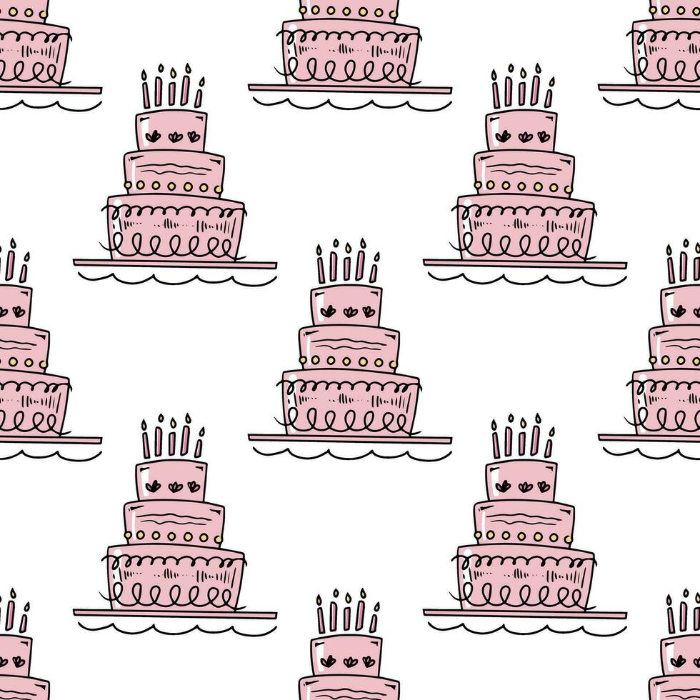 Doodle-style seamless pattern of big cake with candles. Festive concept. Hand drawn color vector outline sketch.
