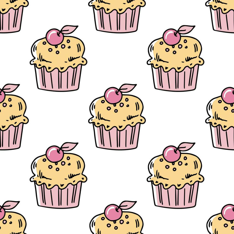 Doodle-style seamless pattern of cupcake with a cherry on top. Festive concept. Hand drawn color vector outline sketch.