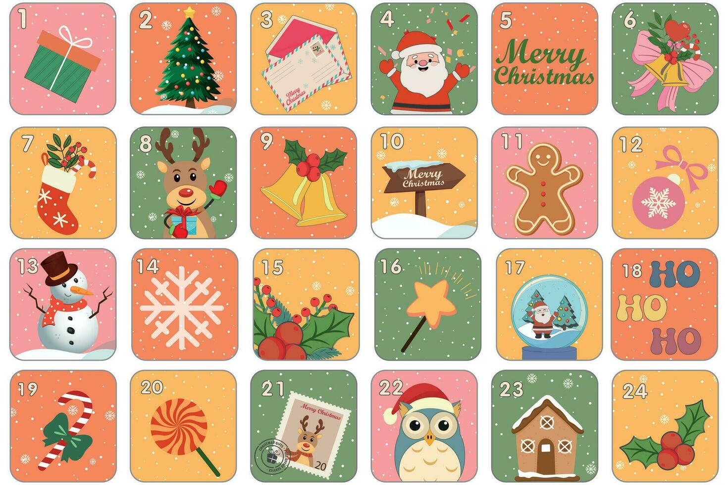 Christmas advent calendar surprise. Countdown retro cartoon style elements. Vector groovy characters. Vintage Christmas Advent Calendar.