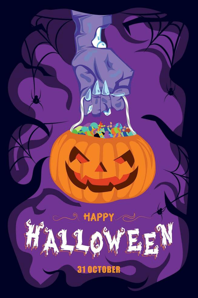 Halloween poster with vector illustration of zombie arm with pumpkin full of candy and dark background