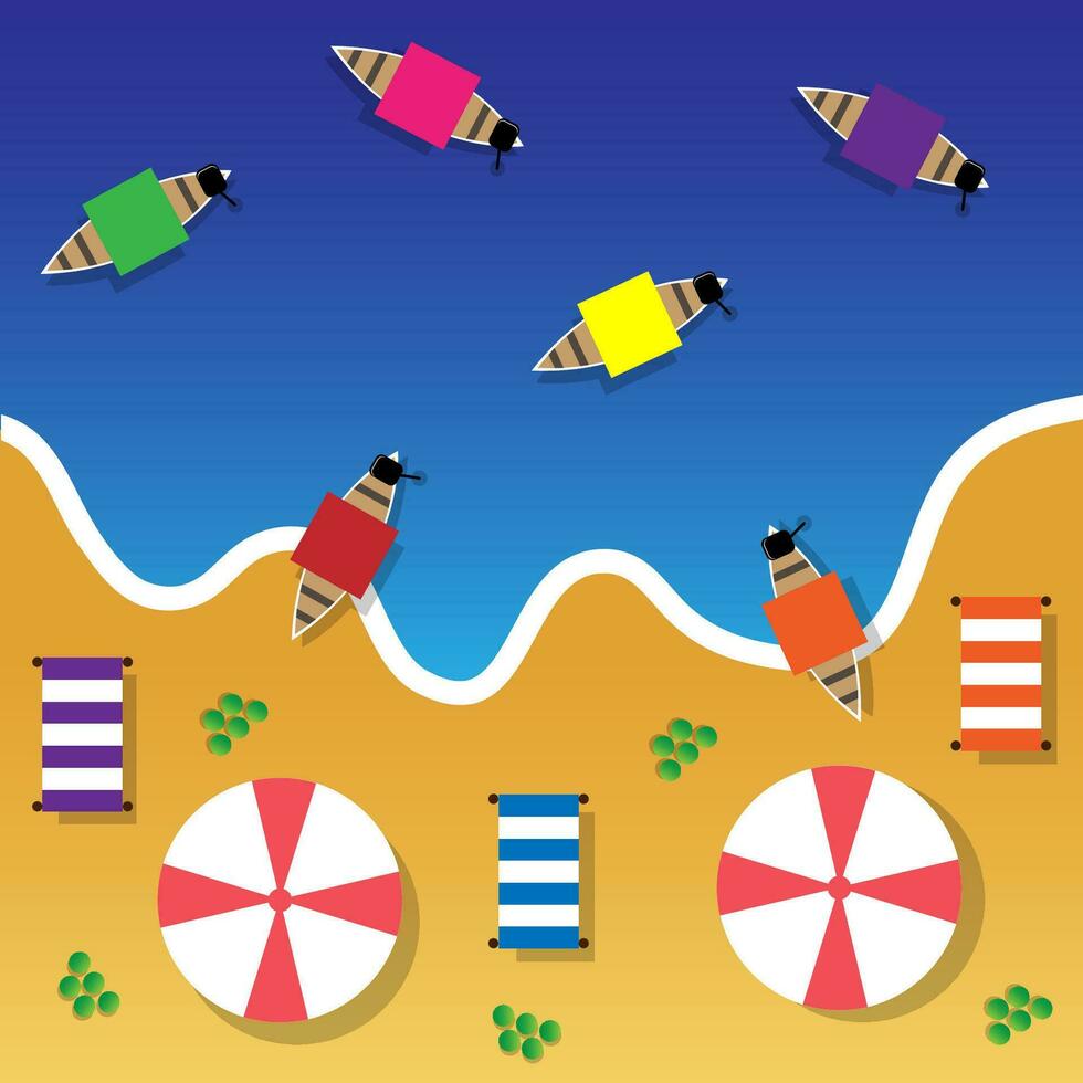 Summer beach top view with waves, umbrellas, coconut fruit, sunbathing area, and fishing boats. Summer time beach background templates in flat style. vector