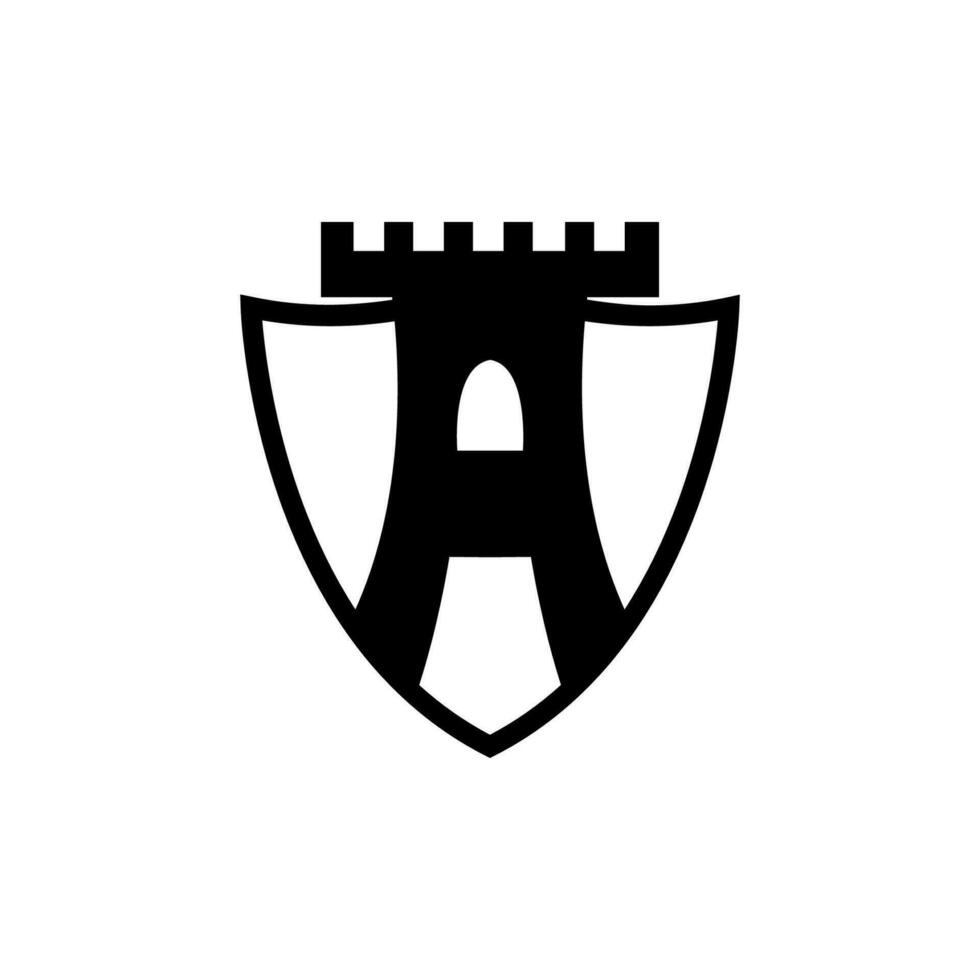 Letter A combination with shield and castle logo design vector illustration. Castle logo with letter A concept