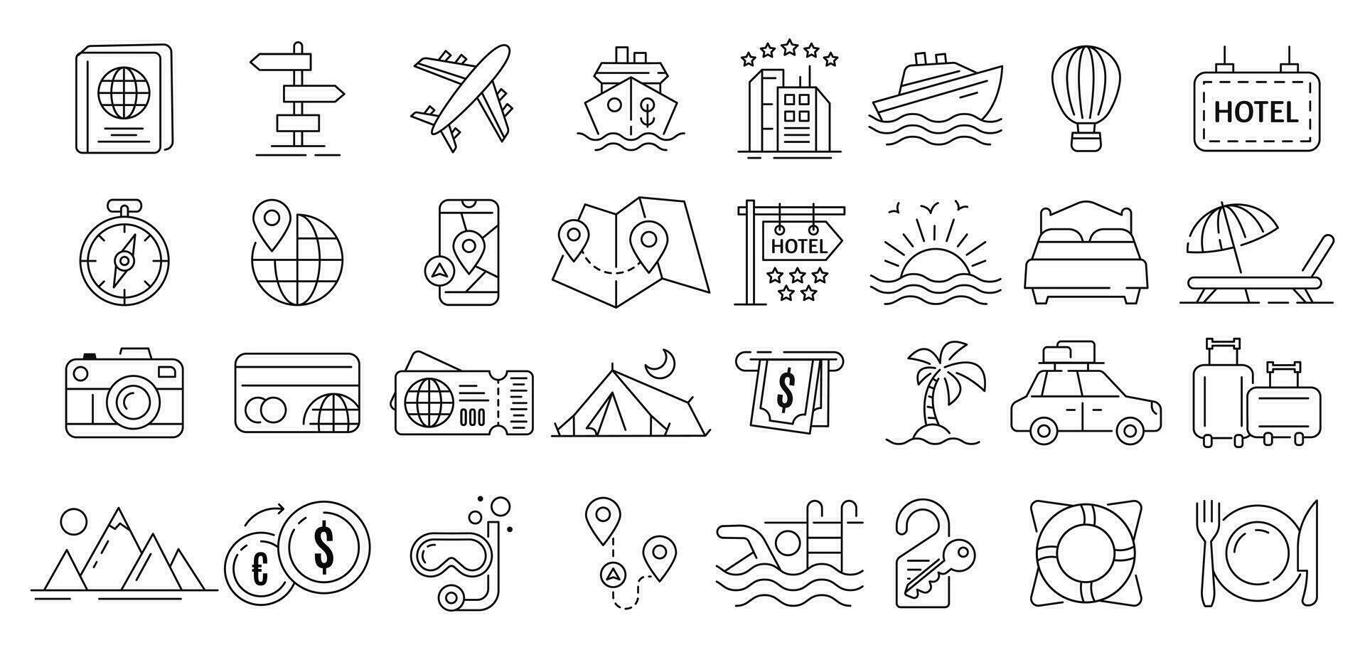 Travel Line Icons. Car, Plane, Camping, Map, Beach, Swimming Pool, Hotel, Passport, Compass, Currency, Location, and More vector