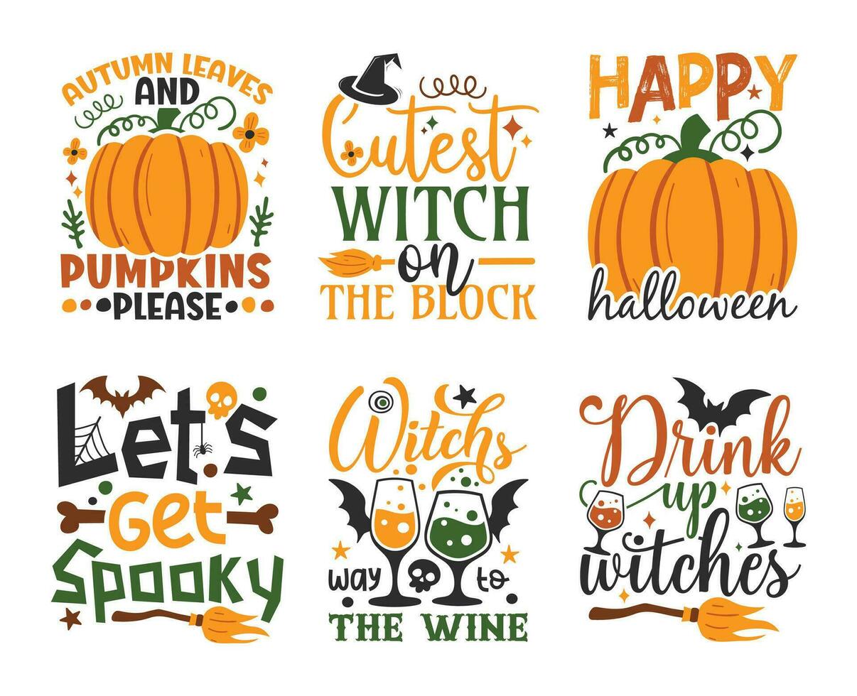 Halloween Typography T-shirt Design Set and Spooky Elements vector