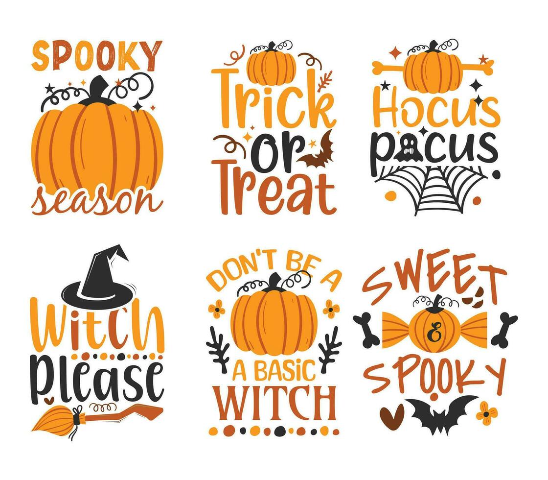 Halloween Typography T-shirt Design Set and Spooky Elements vector