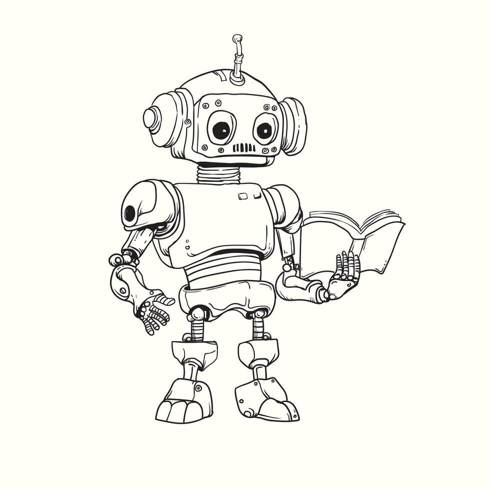 black and white cartoon line drawing of a robot reading a book vector