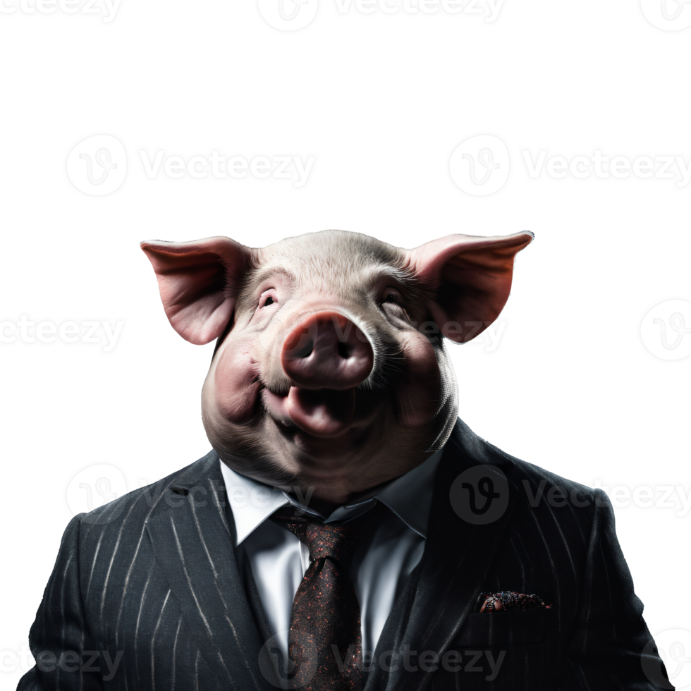 Portrait of Humanoid Anthropomorphic Pig Wearing Businessman Suit Isolated Transparent Generative AI png