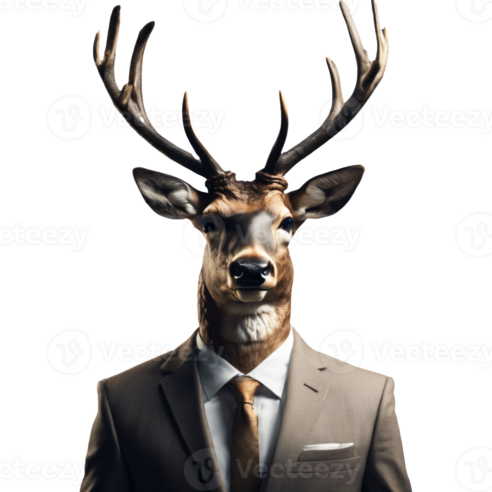 Portrait of Humanoid Anthropomorphic Deer Stag Wearing Businessman Suit Isolated Transparent Generative AI png