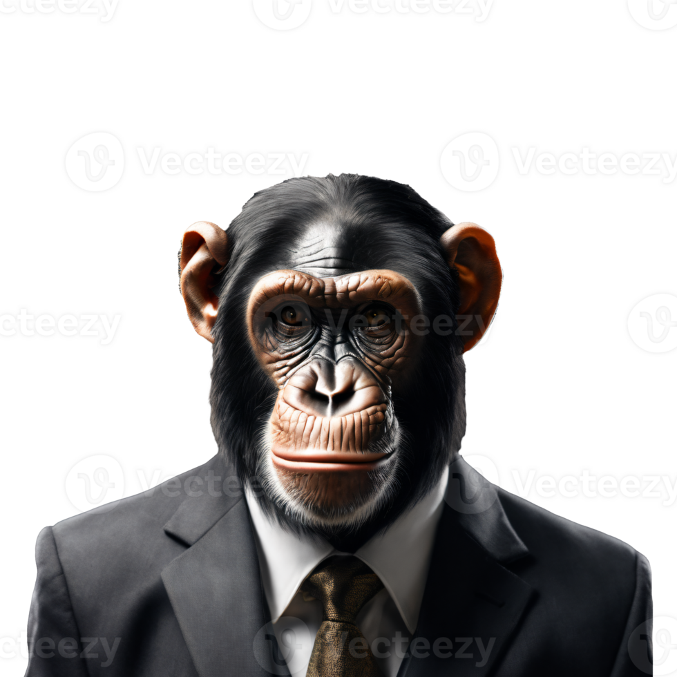 Portrait of Humanoid Anthropomorphic Chimpanzee Wearing Businessman Suit Isolated Transparent Generative AI png