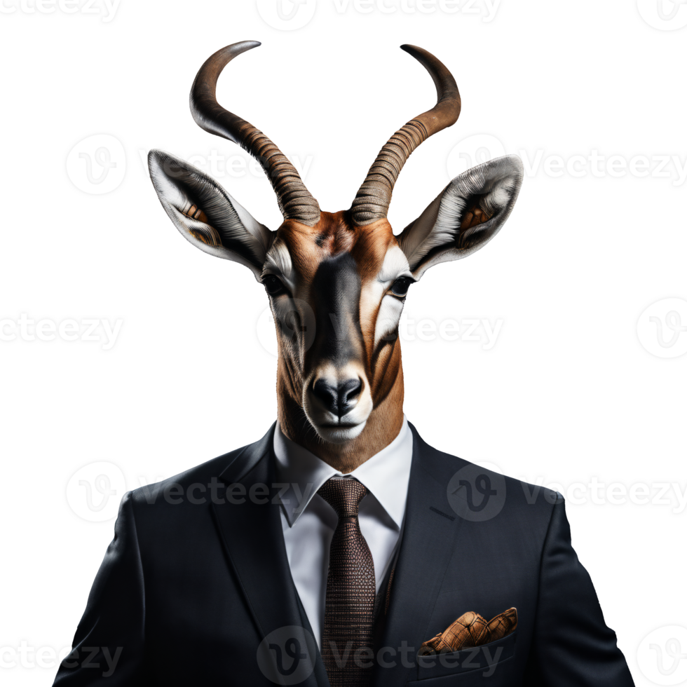 portrait de humanoïde anthropomorphe antilope portant homme d'affaire costume isolé transparent génératif ai png