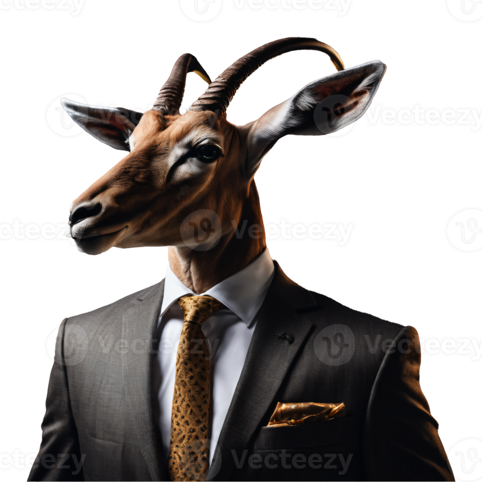 portrait de humanoïde anthropomorphe antilope portant homme d'affaire costume isolé transparent génératif ai png