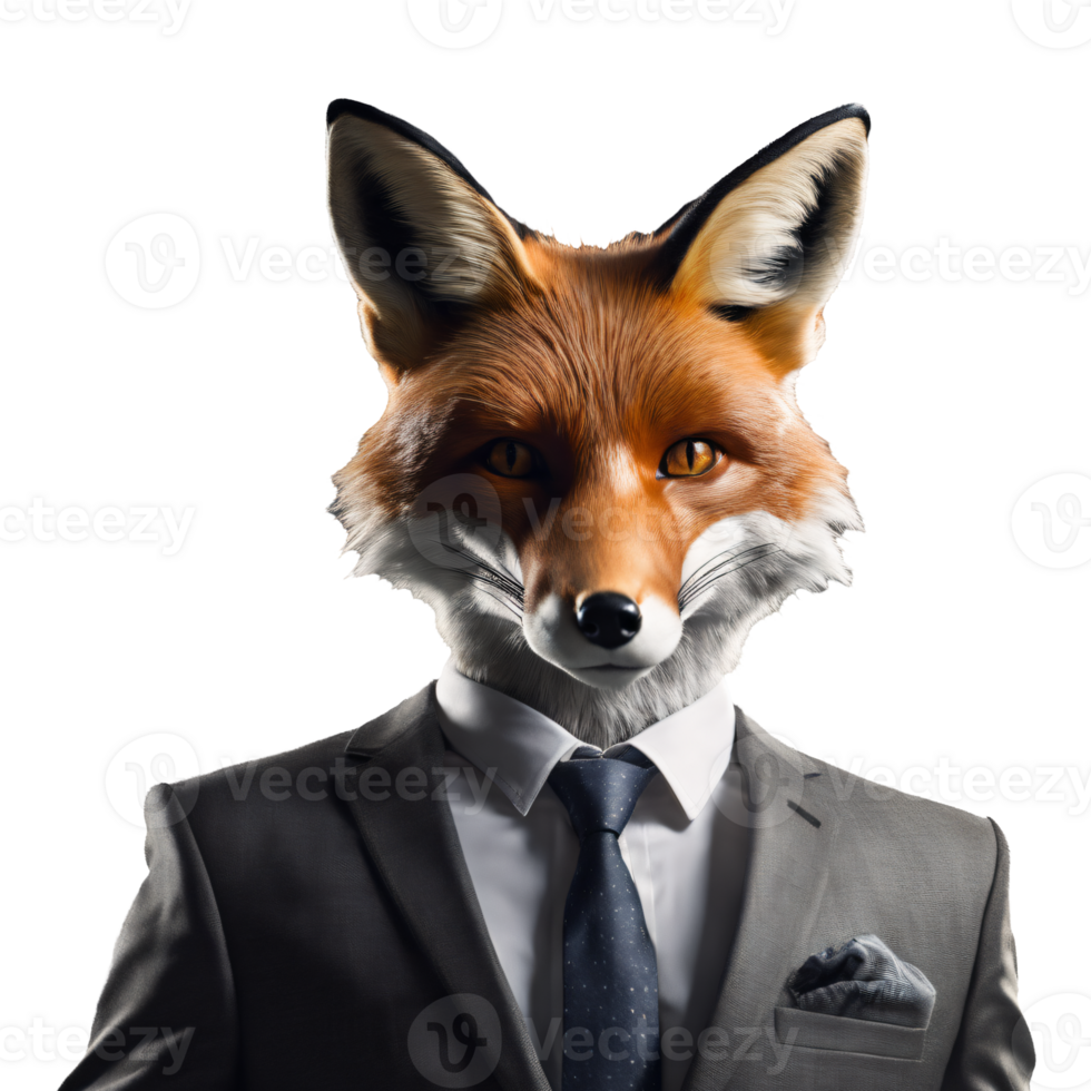 Portrait of Humanoid Anthropomorphic Fox Wearing Businessman Suit Isolated Transparent Generative AI png