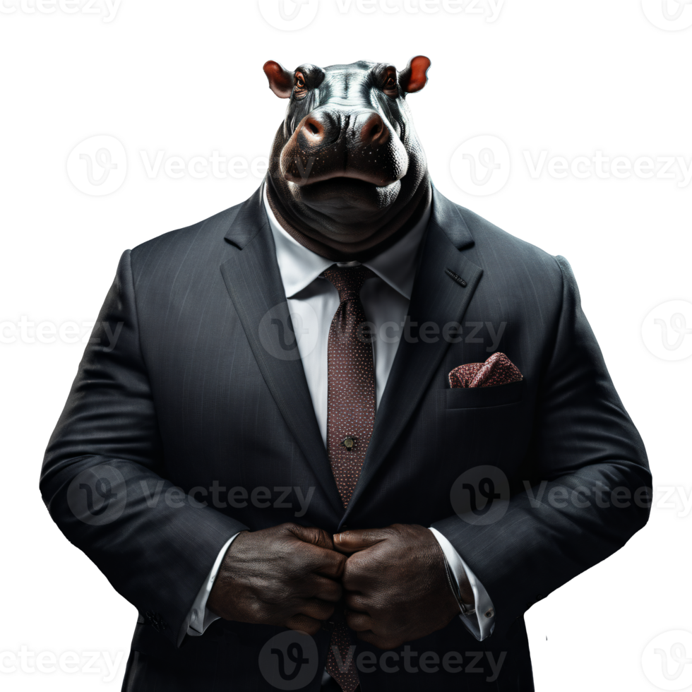 Portrait of Humanoid Anthropomorphic Hippopotamus Wearing Businessman Suit Isolated Transparent Generative AI png