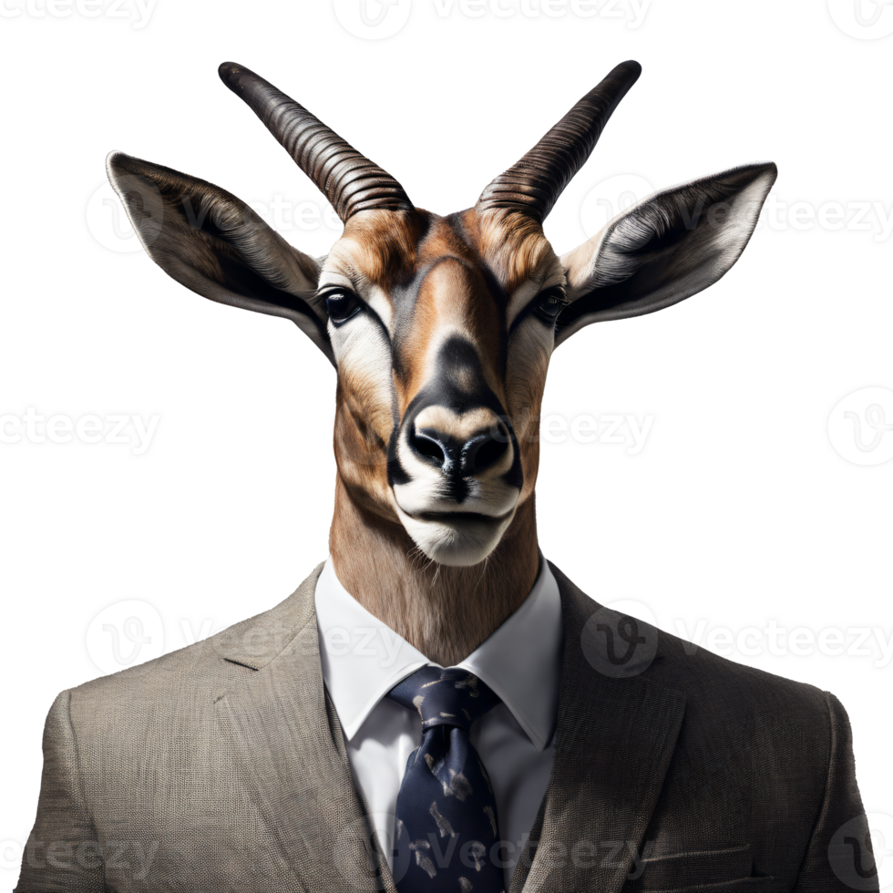 Portrait of Humanoid Anthropomorphic Antelope Wearing Businessman Suit Isolated Transparent Generative AI png
