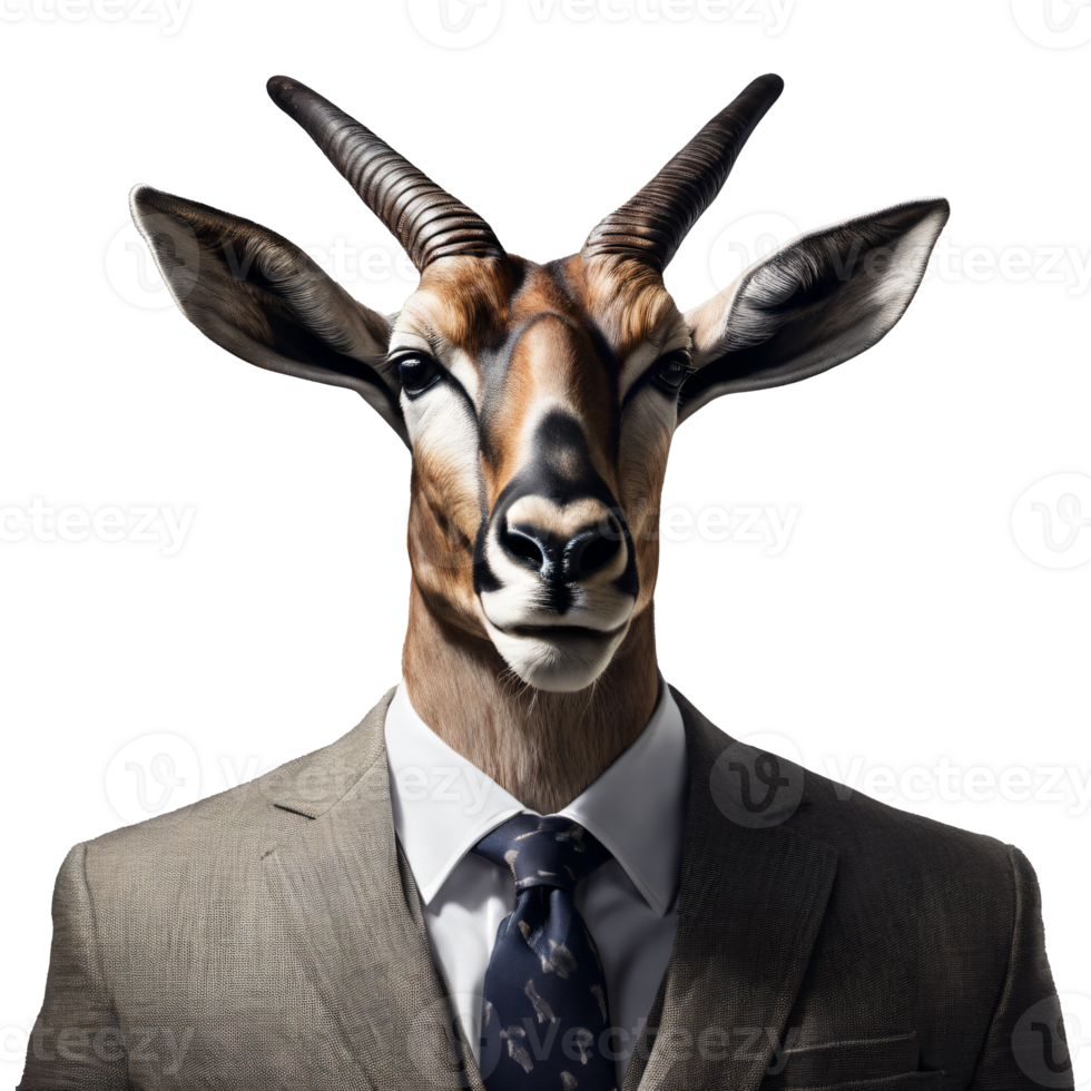 portrait de humanoïde anthropomorphe antilope portant homme d'affaire costume isolé transparent génératif ai png