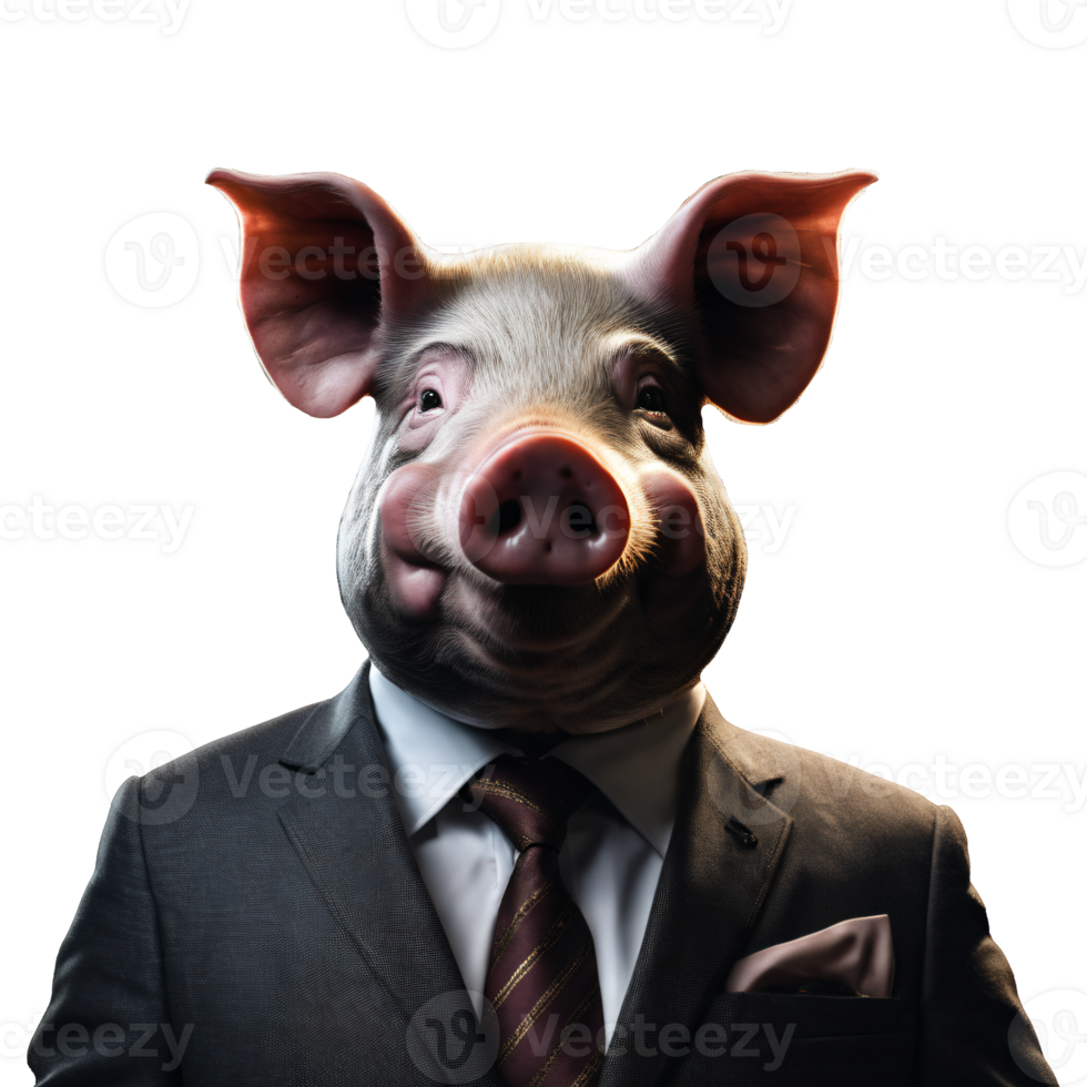 Portrait of Humanoid Anthropomorphic Pig Wearing Businessman Suit Isolated Transparent Generative AI png