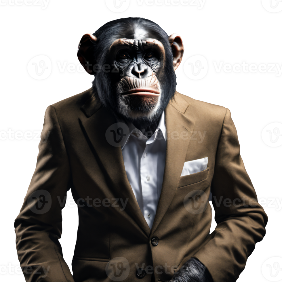 Portrait of Humanoid Anthropomorphic Chimpanzee Wearing Businessman Suit Isolated Transparent Generative AI png