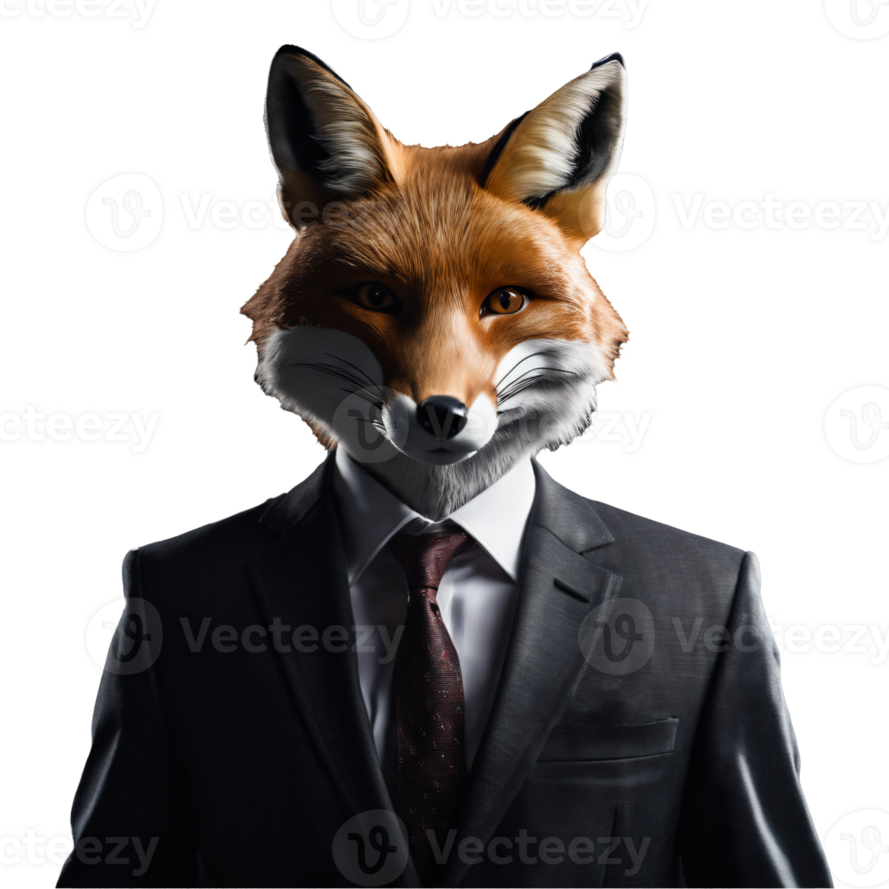Portrait of Humanoid Anthropomorphic Fox Wearing Businessman Suit Isolated Transparent Generative AI png