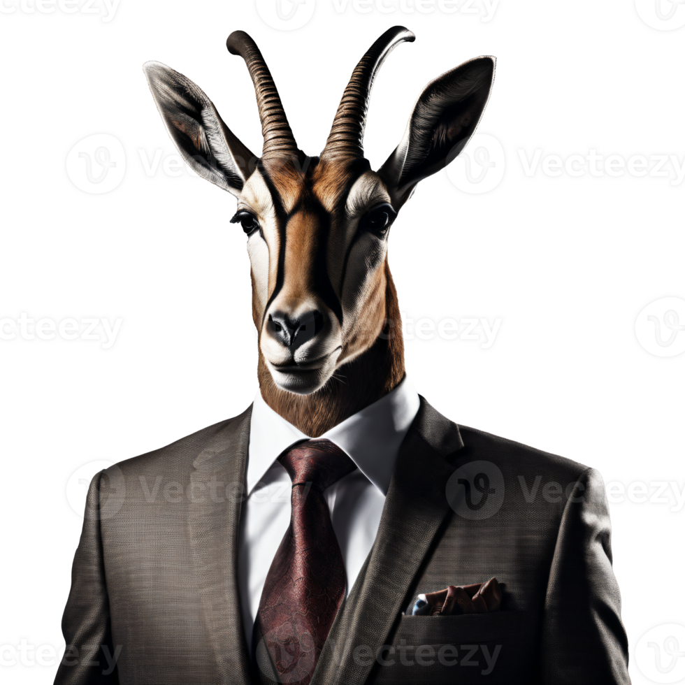 portrait de humanoïde anthropomorphe antilope portant homme d'affaire costume isolé transparent génératif ai png