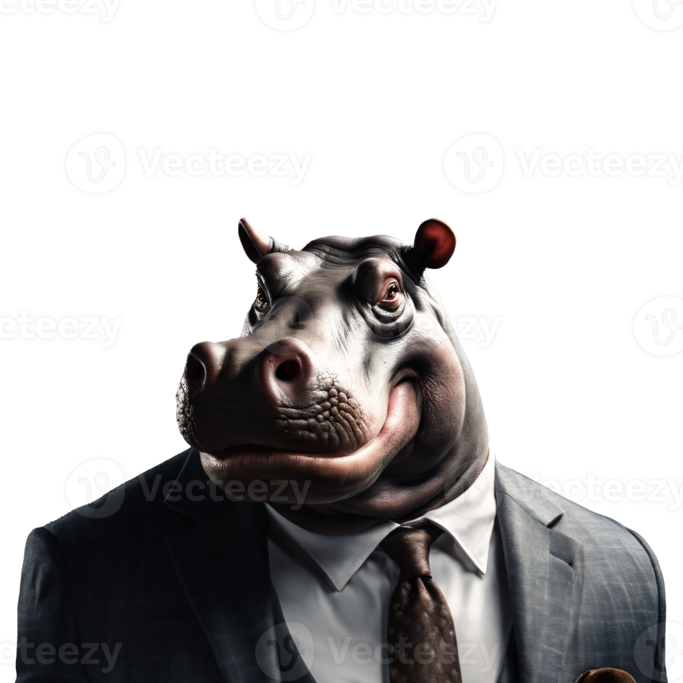 Portrait of Humanoid Anthropomorphic Hippopotamus Wearing Businessman Suit Isolated Transparent Generative AI png