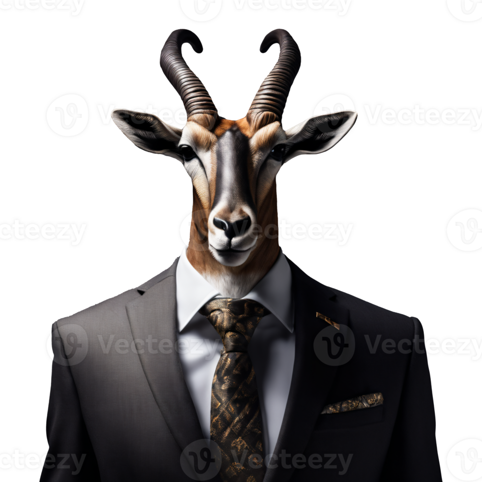 portrait de humanoïde anthropomorphe antilope portant homme d'affaire costume isolé transparent génératif ai png