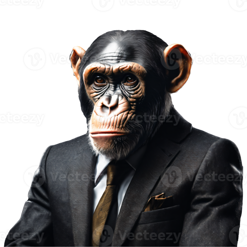 portret van humanoid antropomorf chimpansee vervelend zakenman pak geïsoleerd transparant generatief ai png