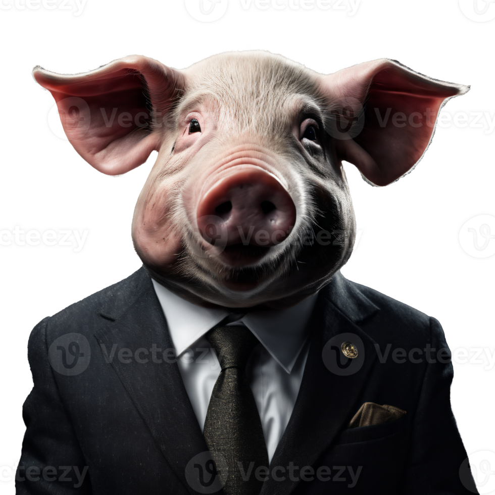 Portrait of Humanoid Anthropomorphic Pig Wearing Businessman Suit Isolated Transparent Generative AI png