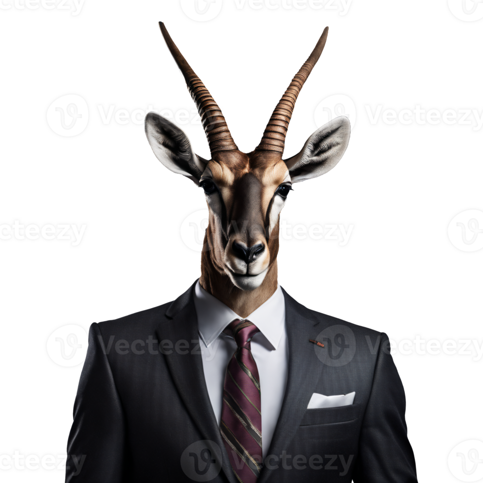 portrait de humanoïde anthropomorphe antilope portant homme d'affaire costume isolé transparent génératif ai png